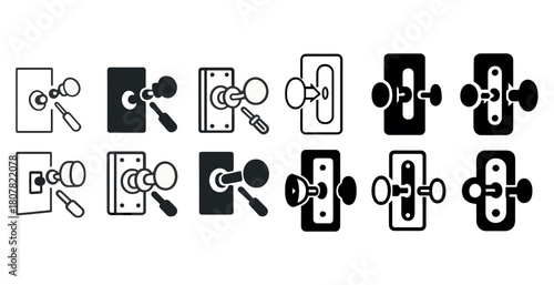 Black and white doorknob icon set with keyhole and key designs