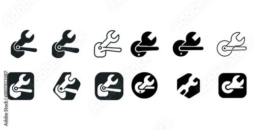 Diverse spanner icon set in black and white variations