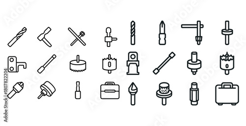 Outline icons of drill bits and accessories collection for various tools