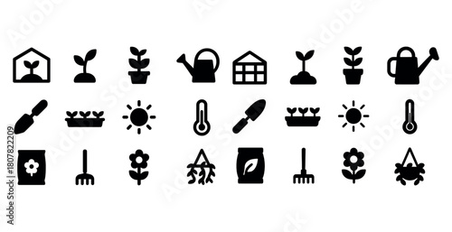 Set of black gardening icons: tools, plants, and greenhouse elements
