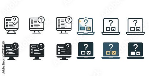 Icons of computer screens with question marks and checkboxes