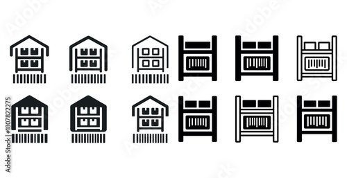 Set of eleven minimalist barn and silo icons in black and white