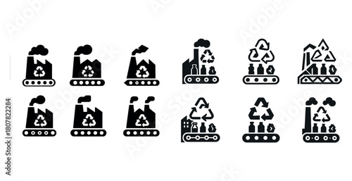Industrial recycling icons with conveyor belts and smoke stacks