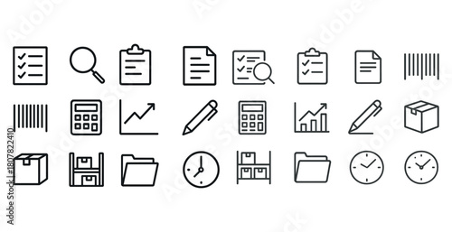 Business and office icons collection featuring documents, charts, and tools