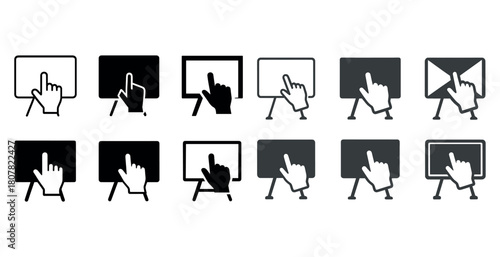 Touchscreen icons with hands pointing at whiteboards in various styles