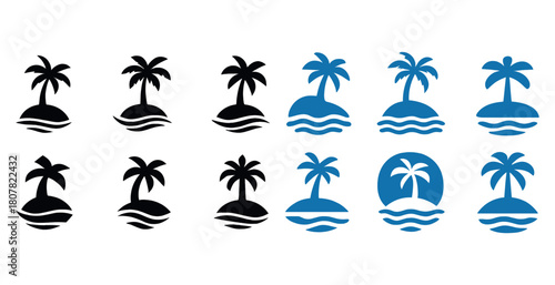 Set of palm tree island icons in black and blue