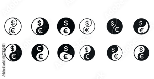 Yin yang currency symbols with dollar and euro in various designs