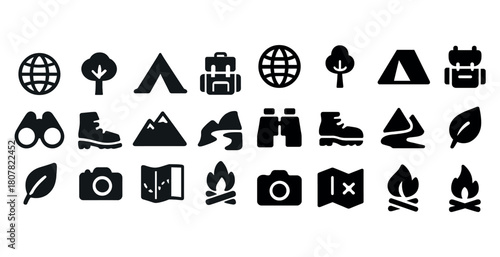 Outdoor adventure icons collection: hiking, camping, nature exploration symbols