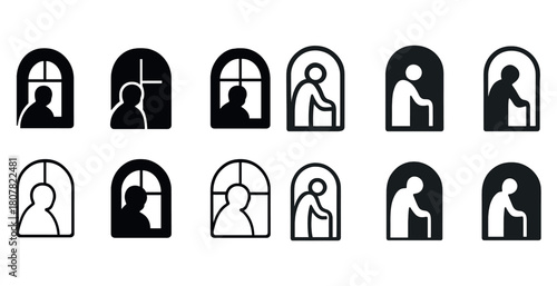 Silhouette icons of elderly individuals: window and doorway views
