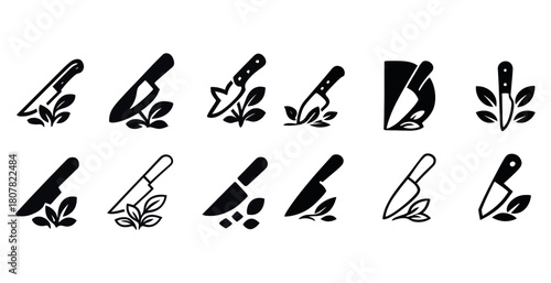 Set of gardening tool icons: knives and trowels with leaves