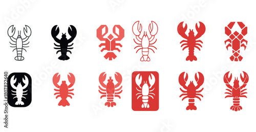 Red and black lobster icon set - various designs and styles
