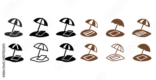 Set of beach umbrella and lounge chair icons in various styles and colors