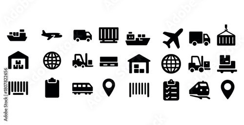 Transportation and logistics icons: ships, planes, trucks, warehouses, and trains