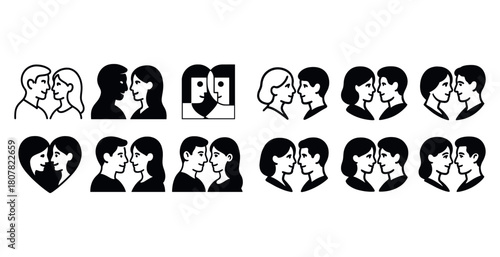 Black and white couple icons: outline and solid silhouettes