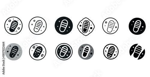 Monochrome footprint icons with abstract circular designs