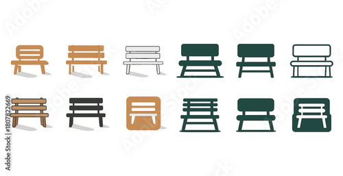 Diverse bench icons: colorful designs and styles for outdoor spaces
