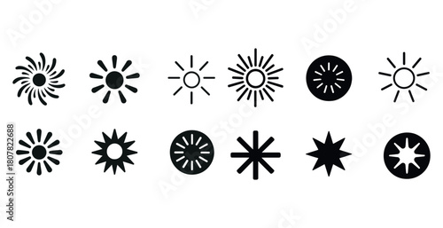 Diverse sun icon set: minimalist black and white solar symbols