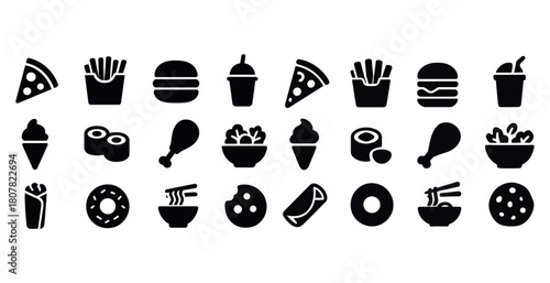 Assorted fast food icons: pizza, burgers, fries, ice cream, sushi, ramen