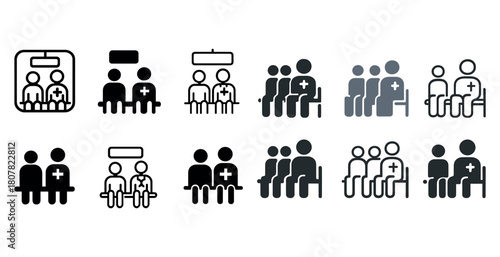 Simple medical consultation icons set: doctors and patients in minimalist style