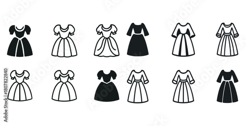 Set of vintage dress icons in black and white illustrating various styles