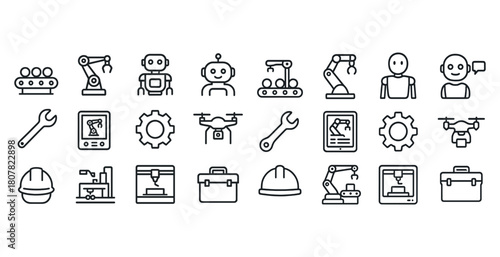 Collection of industrial and robotic icons including robots, drone, and tools