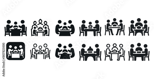 Collection of black family dining icons depicting diverse meal settings and group sizes
