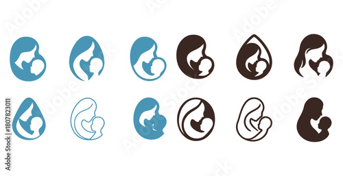 Set of mother and child silhouette icons in blue and brown