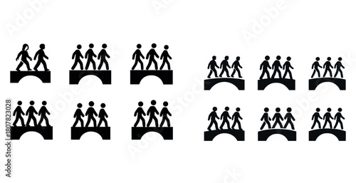 Silhouette figures walking on bridges in patterns