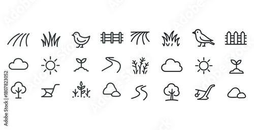 Garden and nature icons set: birds, plants, sun, clouds, tools