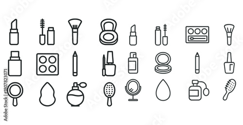 Minimalist makeup and beauty icons set: lipstick, brush, perfume, mirror designs