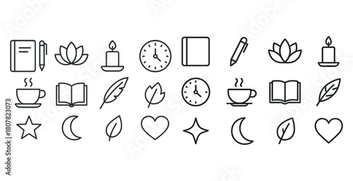 Minimalistic icon set featuring stationery, nature, and time elements