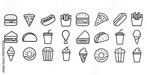 Outline icons of fast food items including burgers, pizza, and ice cream