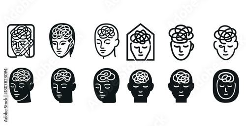 Abstract human faces with chaotic brain lines depicting mental health concepts