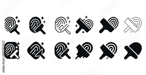 Fingerprint icons set with magnifying glass and broom designs