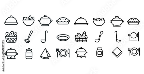 Set of linear kitchenware and dining icons: plates, bowls, cutlery, jars