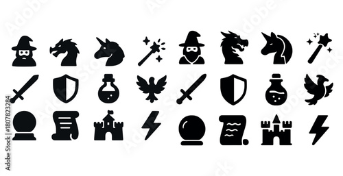 Fantasy icons set: wizard, dragon, unicorn, magic wand, sword, shield