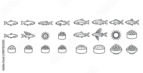 Black and white fish, rice, and sun icons in repetitive pattern