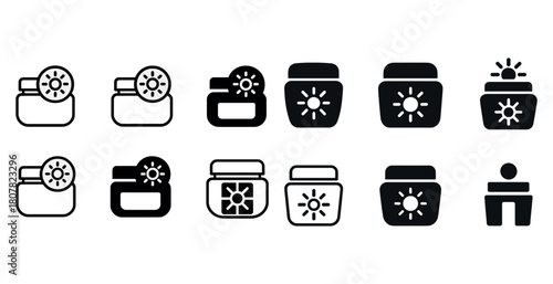 Sun icon variations on skincare cream jar designs in monochrome style