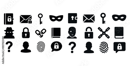 Security icons: locks, keys, masks, and profiles in black and white design