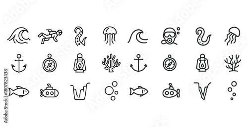 Collection of minimalist ocean and marine-themed line icons