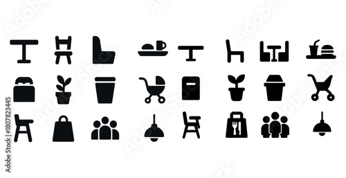 Bold black dining and shopping icons for food and retail themes