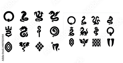 Mythical serpent icons: snakes, dragons, wings, and patterns
