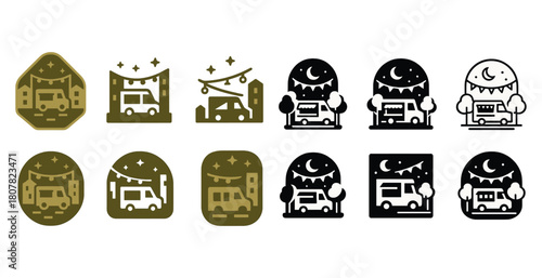 Festival food truck icons: night market design in various styles
