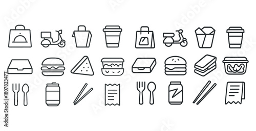 Line icons of food delivery and takeout items with utensils and vehicles