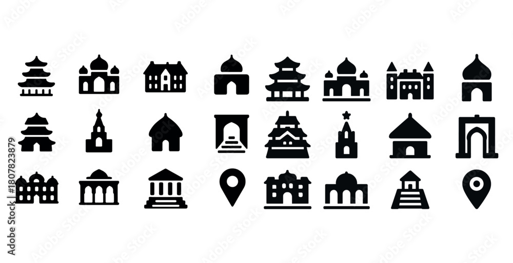 Fototapeta premium Diverse icon set featuring global landmarks and cultural symbols in silhouette style