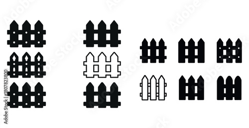 Variety of fence icons: black, white, wooden, simple and detailed designs