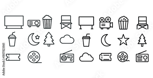 Cinema icons set: movies, snacks, entertainment symbols in black and white
