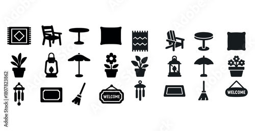 Collection of black silhouette home decor and furniture icons