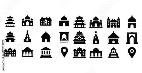 Diverse icon set featuring global landmarks and cultural symbols in silhouette style