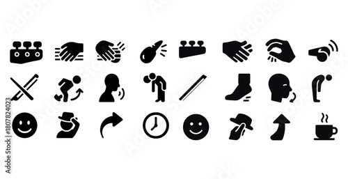 Collection of black icons representing hand gestures, emotions, and everyday actions
